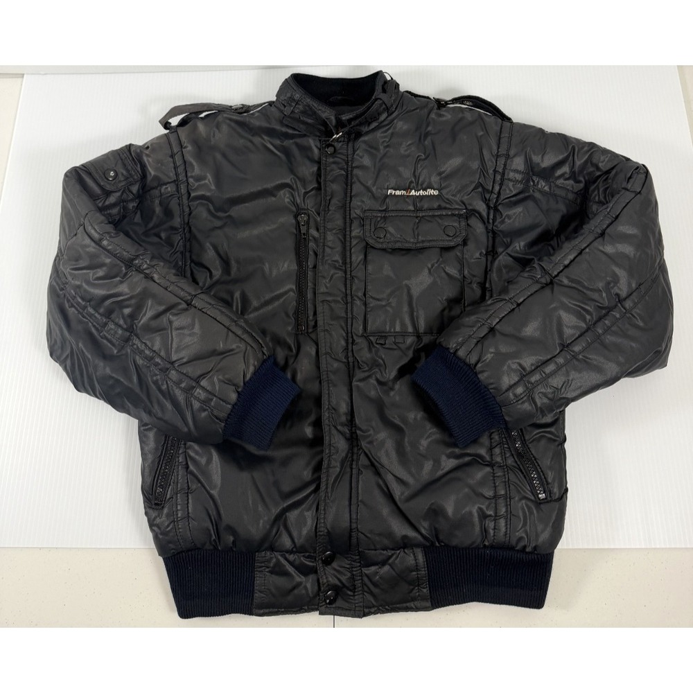 VTG 80s Upstream Racing Division Fram Autolite Black Puffer Bomber Jacket Mens S